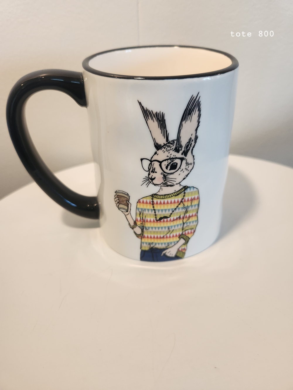 White Ceramic  Hipsters Bunny Mug with Black Handle and Rim